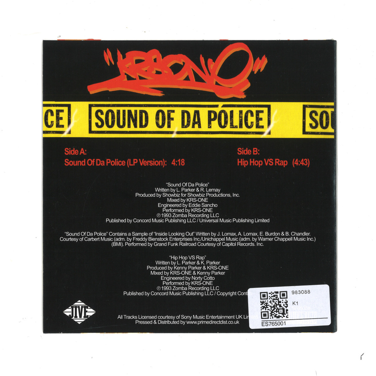 KRS One - Sound Of Da Police b/w Hip Hop Vs Rap / Jive USA ES765001 PICTURE  COVER - Vinyl